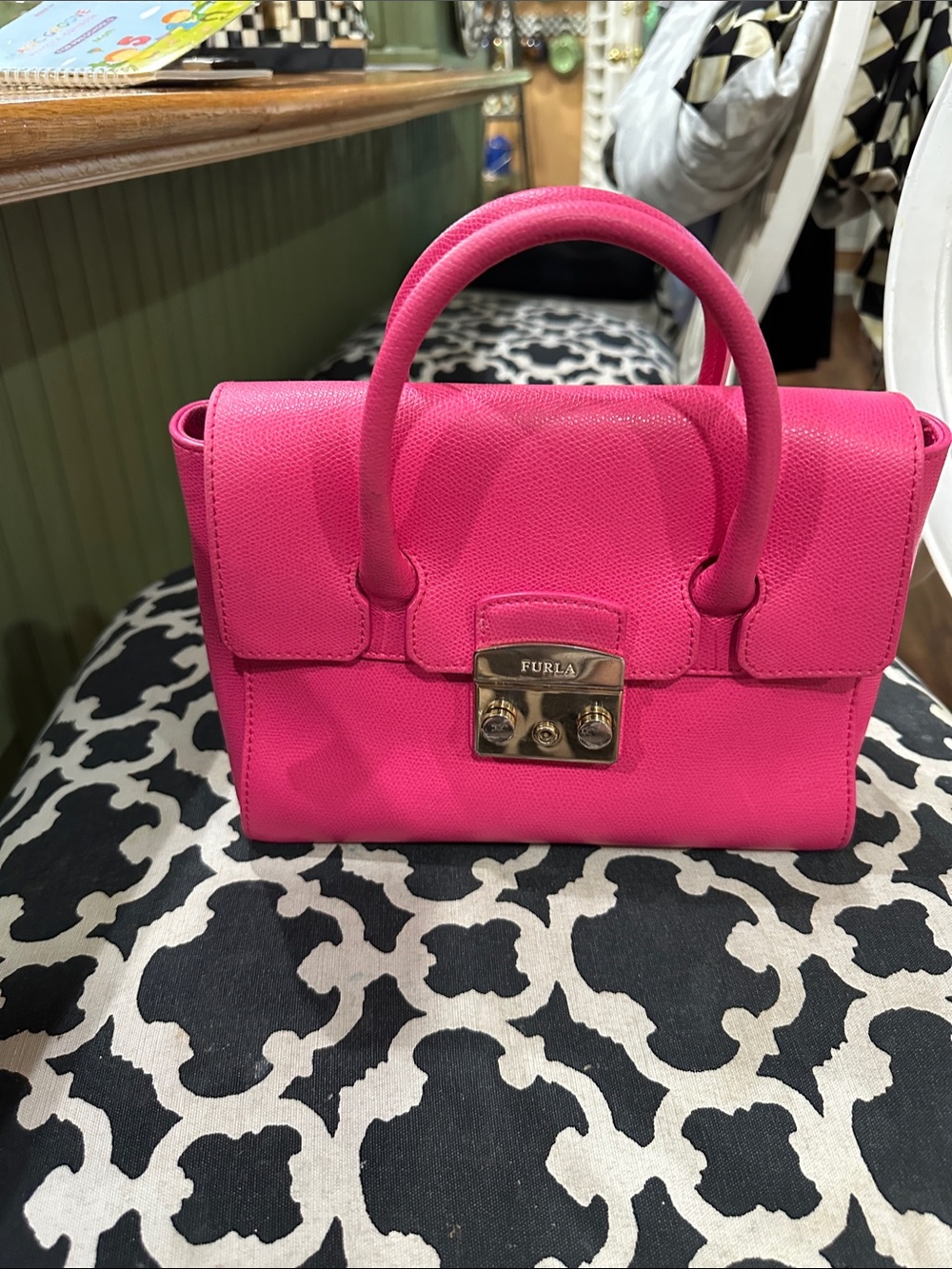 Furla Hot Pink Leather Top-Handle Satchel with Gold Hardware no strap